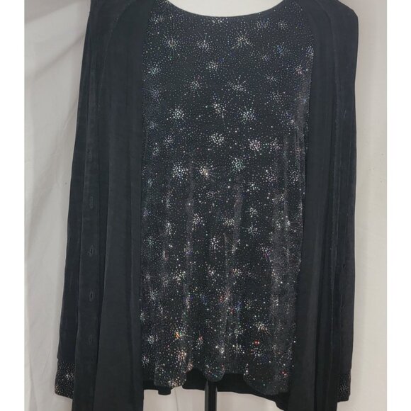 Whimsigoth Womens XL Black Shimmer Knit Blouse w/ Light Jacket Stretch Career - Picture 2 of 9